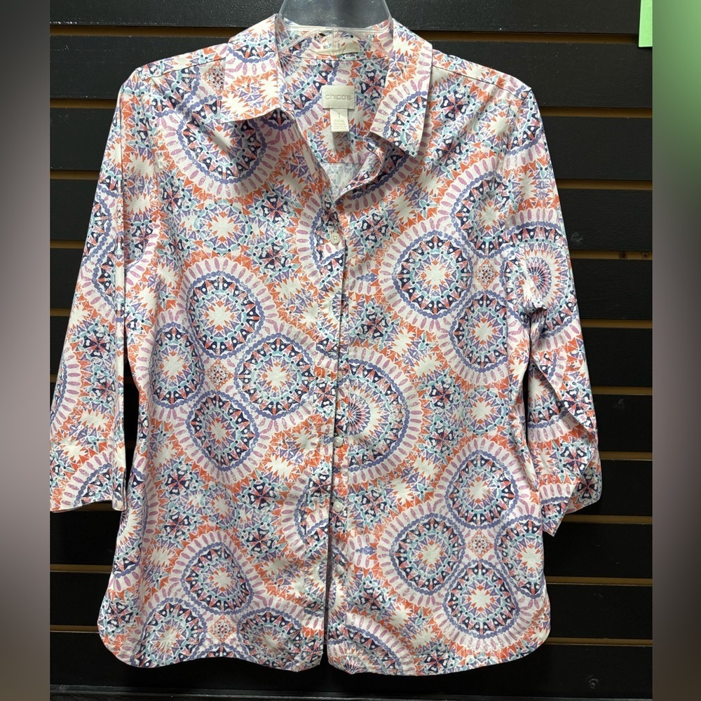 Chicos 1 (medium) Purple Orange Medallion Button Down Shirt 3/4 Sleeve Cotton